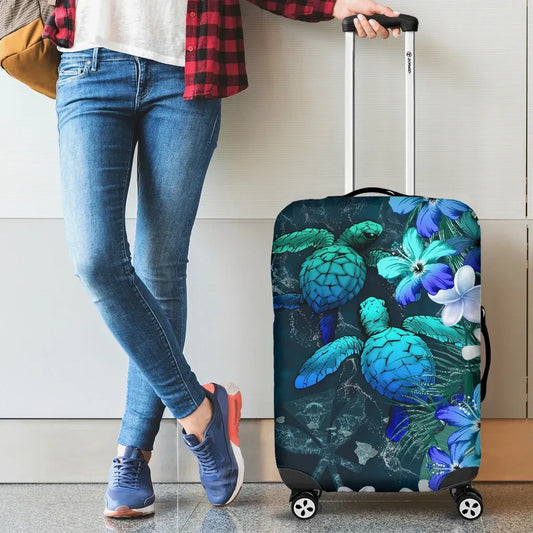 Kanaka Maoli Hawaiian Luggage Covers Sea Turtle Tropical Hibiscus And Plumeria Blue