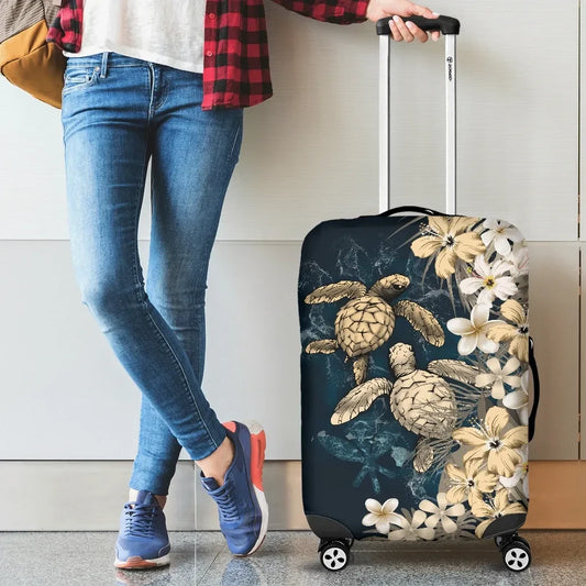 Kanaka Maoli Hawaiian Luggage Covers Sea Turtle Tropical Hibiscus And Plumeria Gold