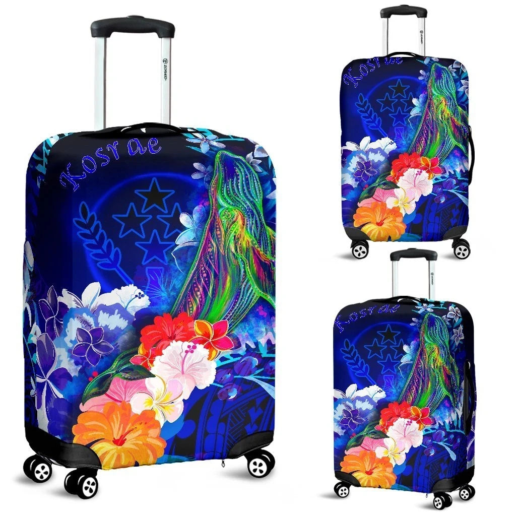 Kosrae Luggage Covers Humpback Whale with Tropical Flowers Blue