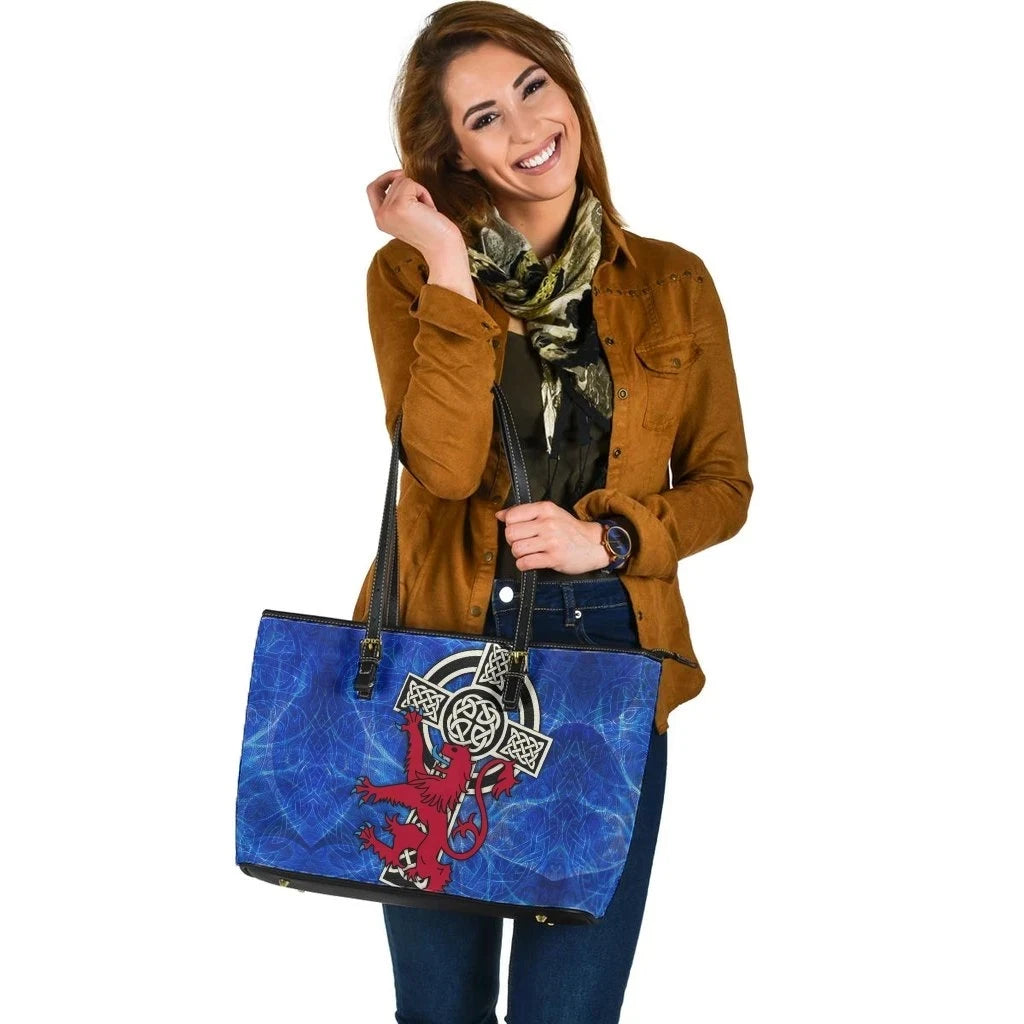 Scotland Celtic Leather Tote Bag Celtic Cross & Rampant Skew Style
