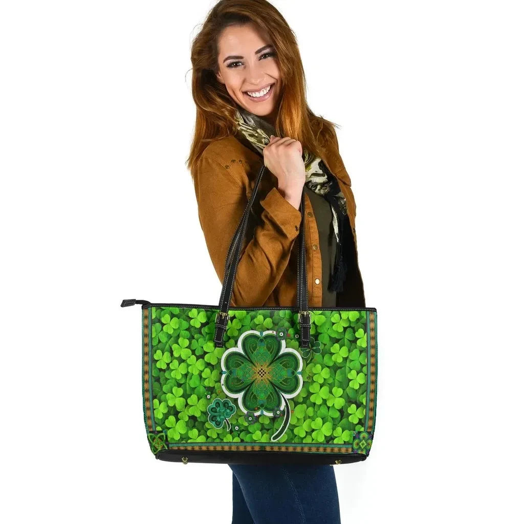 Ireland Celtic Leather Tote Bag Irish Shamrock
