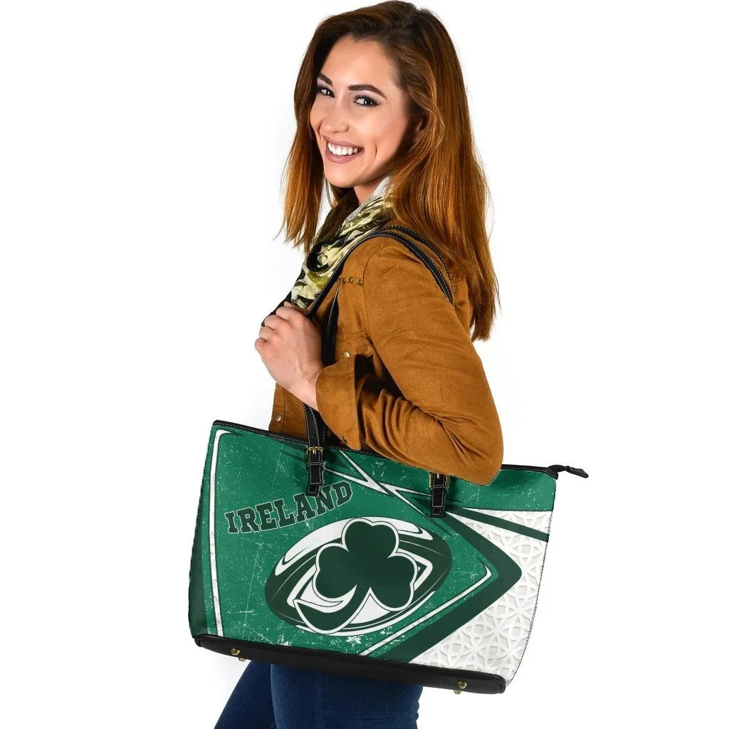 Ireland Rugby Leather Tote Bag Celtic Shamrock & Rugby Ball