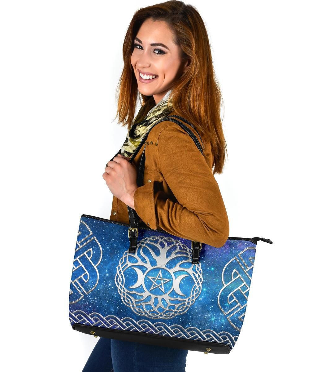 Celtic Wiccan Leather Tote Bag Wicca Tripple Moon Tree Of Life & Pentacle
