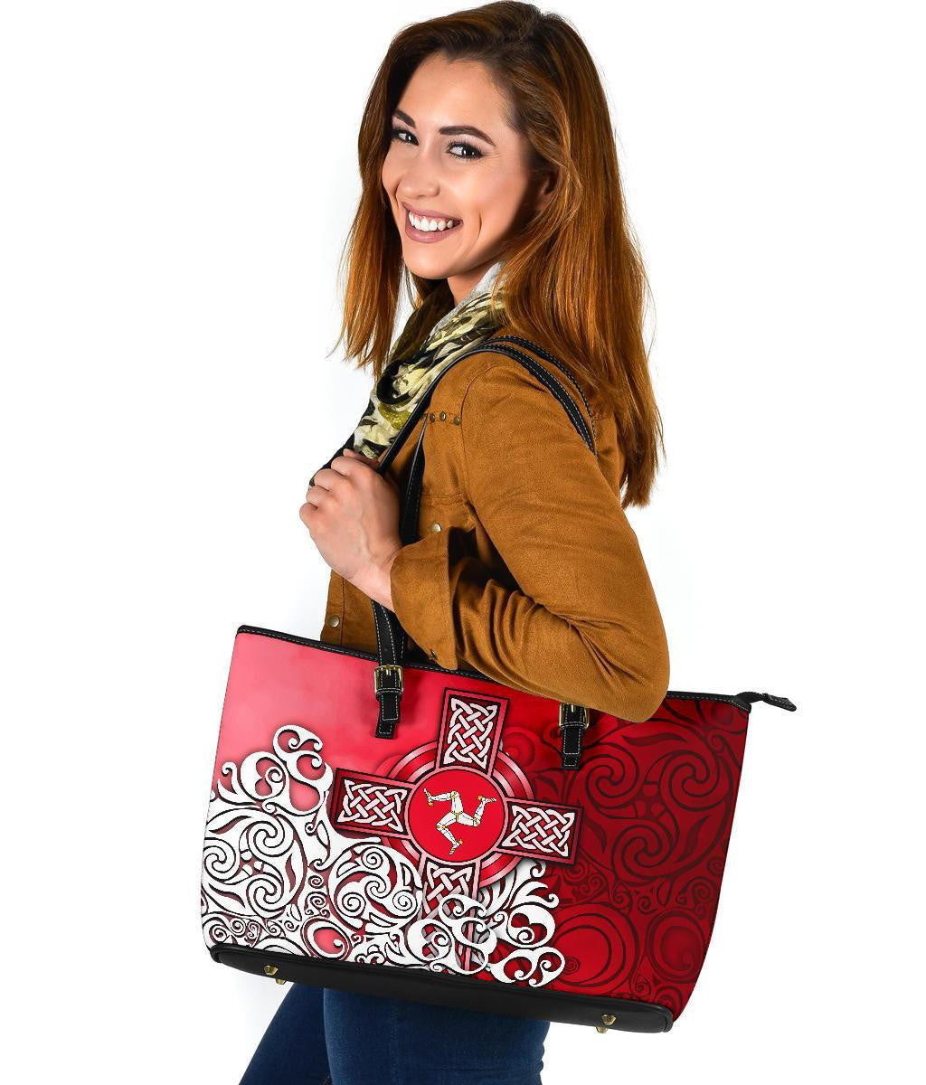 Celtic Leather Tote Bag Isle Of Man Flag With Celtic Cross