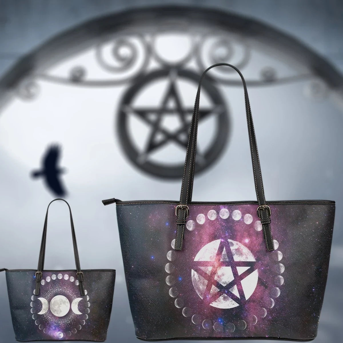 Celtic Wicca Leather Tote Bag Moon Phases Wicca Mystical Purple