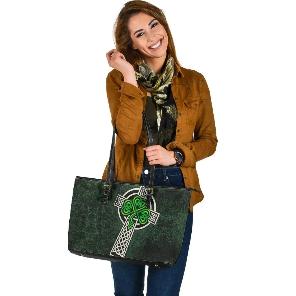 Ireland Celtic Leather Tote Bag Celtic Cross & Shamrock Skew Style