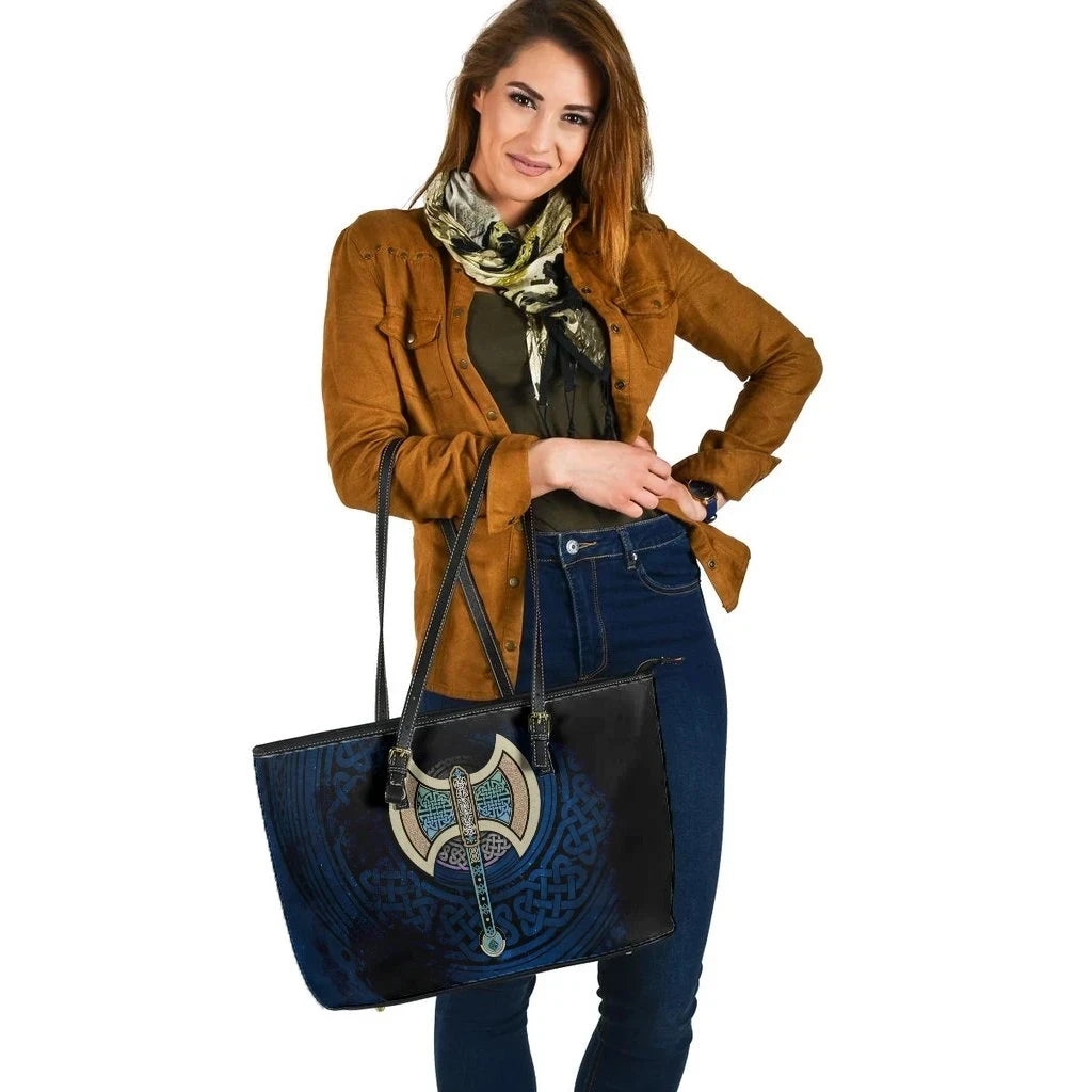 Celtic Knotwork Labrys Leather Tote Bag