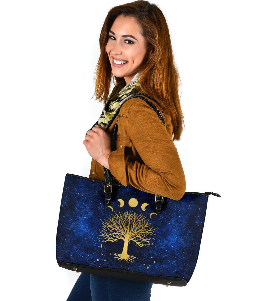 Celtic Wicca Leather Tote Bag Moon Phases & Tree Of Life