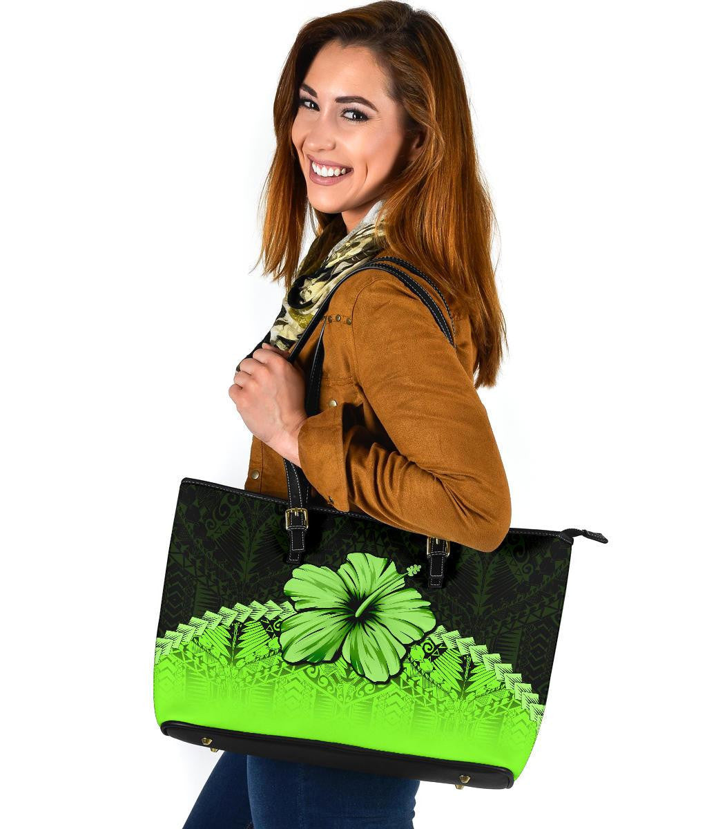 Polynesian Leather Tote Bag Hibiscus Green