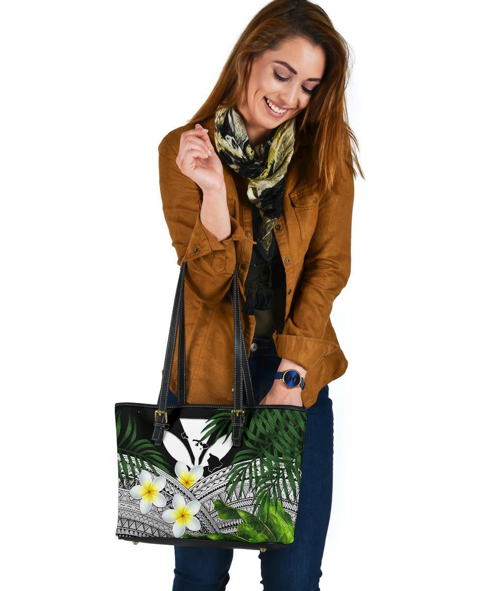 Kanaka Maoli Hawaiian Leather Tote Bag, Polynesian Plumeria Banana Leaves Gray
