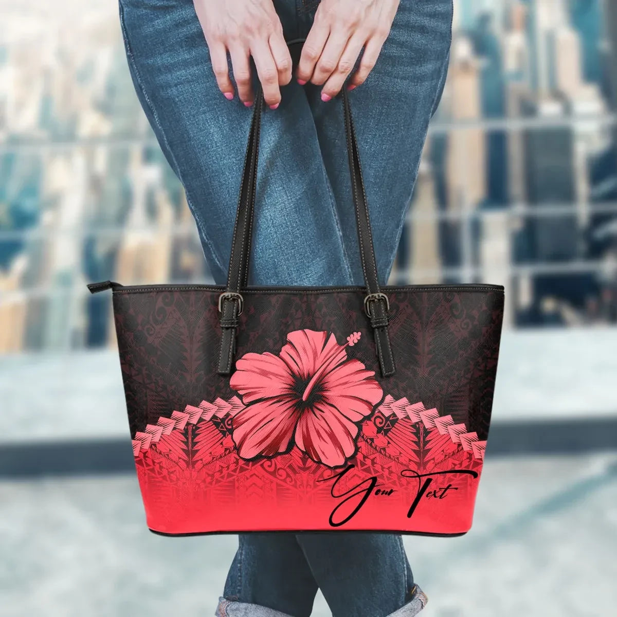 Custom Polynesian Leather Tote Bag Hibiscus Personal Signature Red