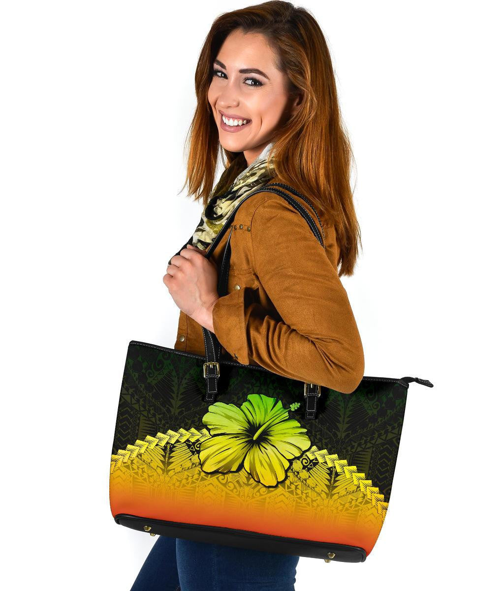 Polynesian Leather Tote Bag Hibiscus Reggae