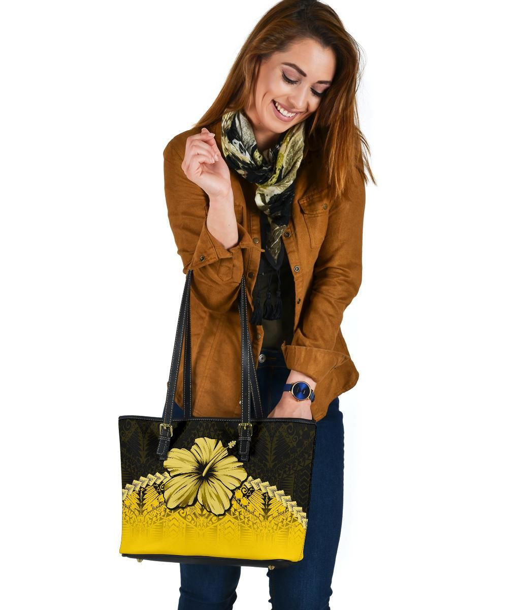 Polynesian Leather Tote Bag Hibiscus Yellow