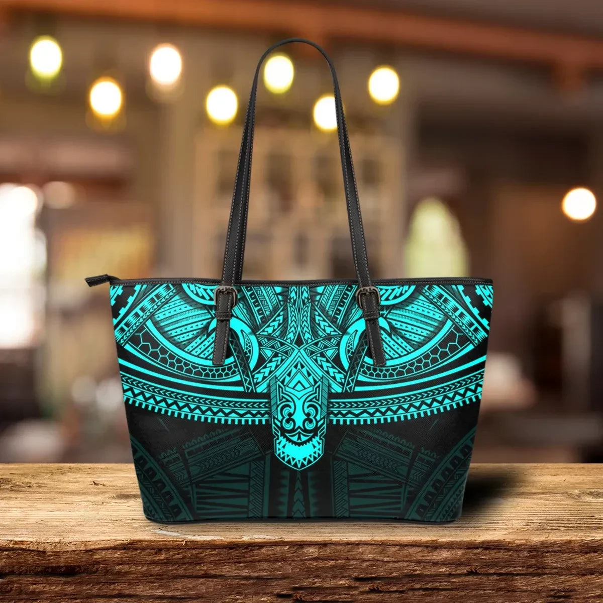 Polynesian Leather Tote Bag Cyan