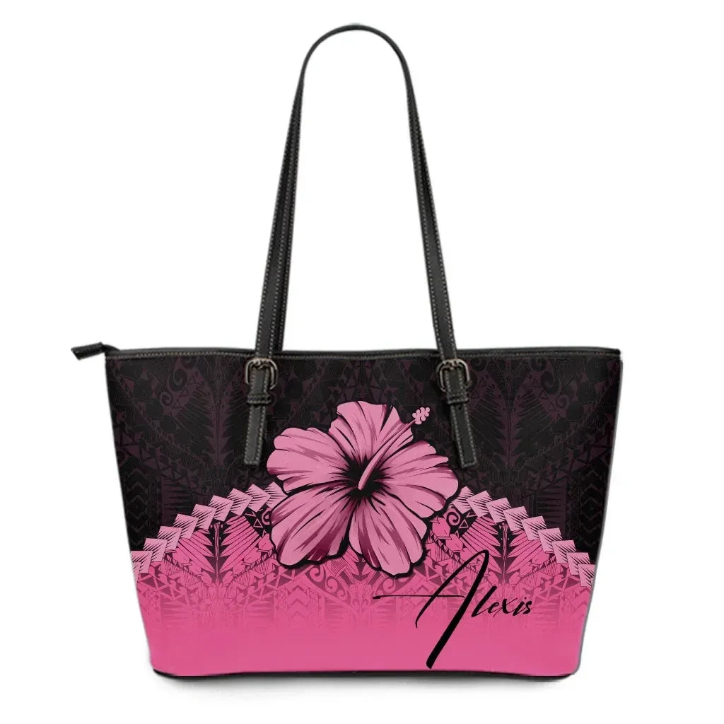 Custom Polynesian Leather Tote Bag Hibiscus Personal Signature Pink