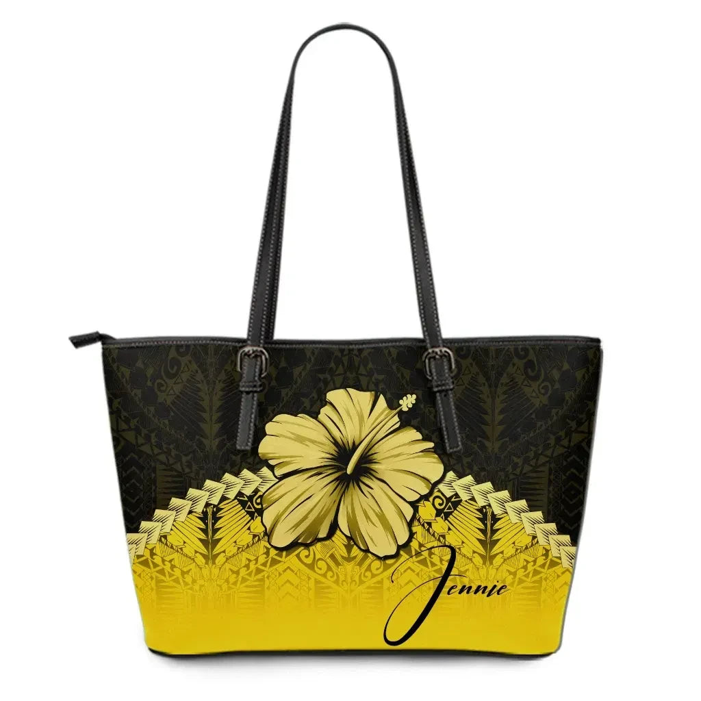 Custom Polynesian Leather Tote Bag Hibiscus Personal Signature Yellow