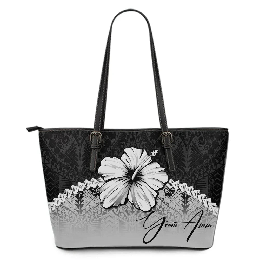Custom Polynesian Leather Tote Bag Hibiscus Personal Signature Gray