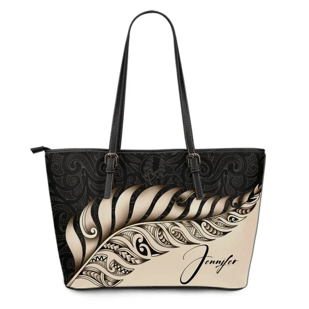 Custom New Zealand Leather Tote Bag Silver Fern Kiwi Personal Signature Gold