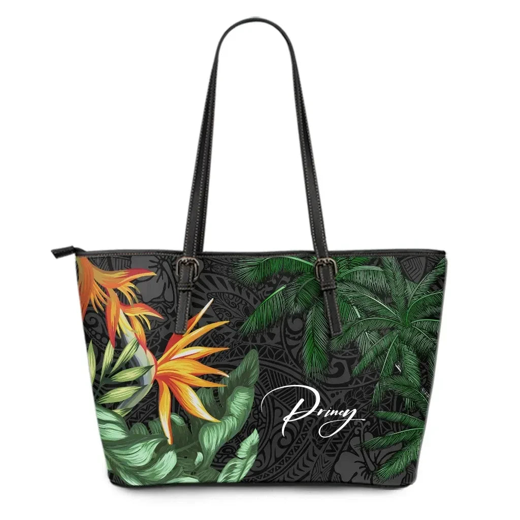Custom Polynesian Leather Tote Bag Banana Palm Leaves And Coconut Tree Personal Signature