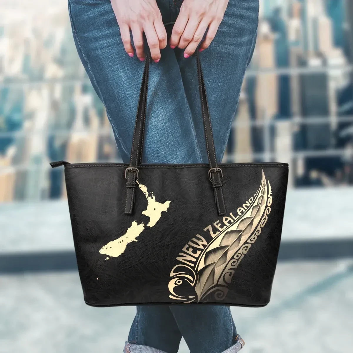 Aotearoa New Zealand Leather Tote Bag Maori Silver Fern Gold