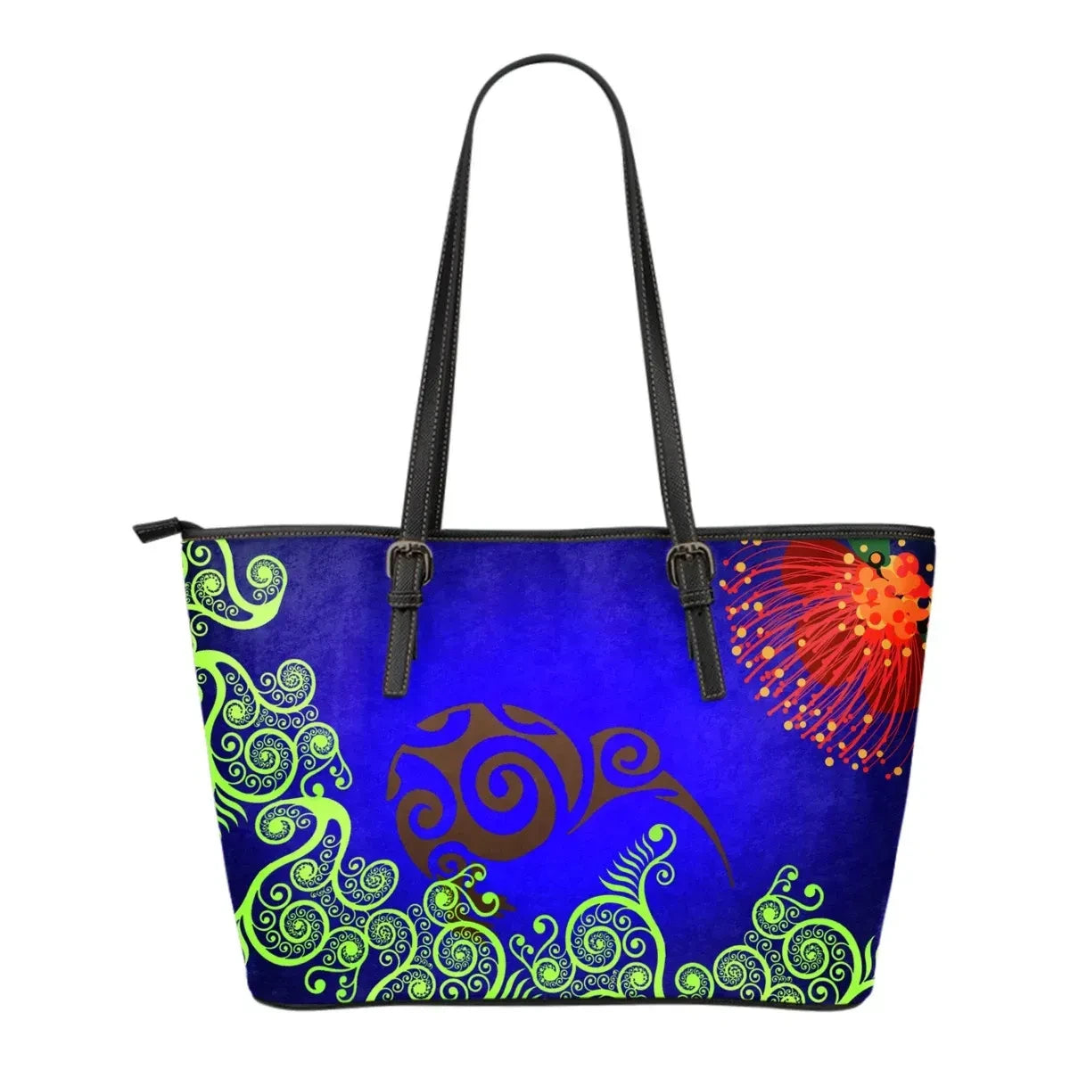 Kiwi In Maori Pattern With Pohutukawa On Top Leather Tote Bag Th7