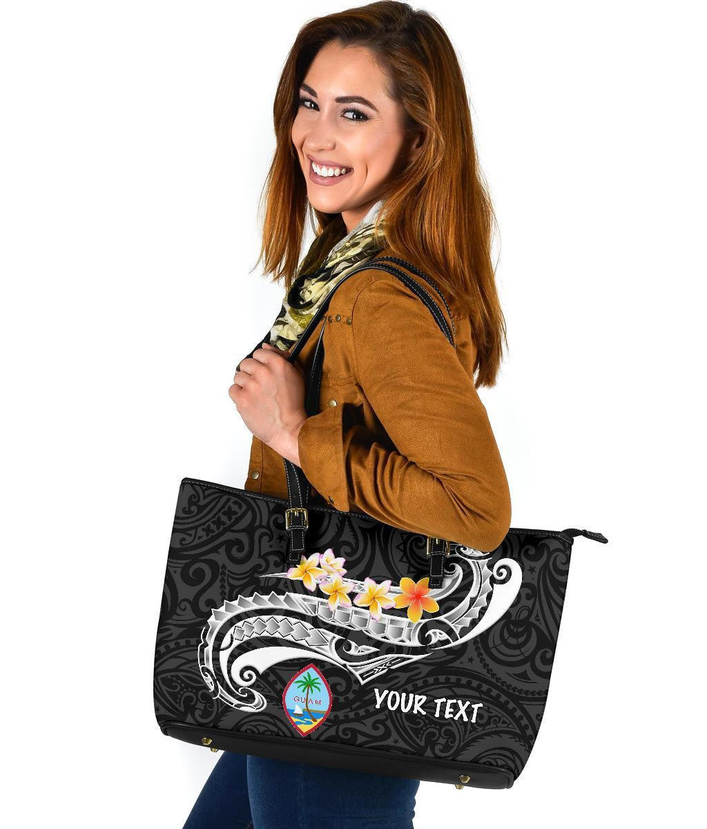 Guam Personalised Leather Tote Bag Guam Seal Polynesian Patterns Plumeria Black