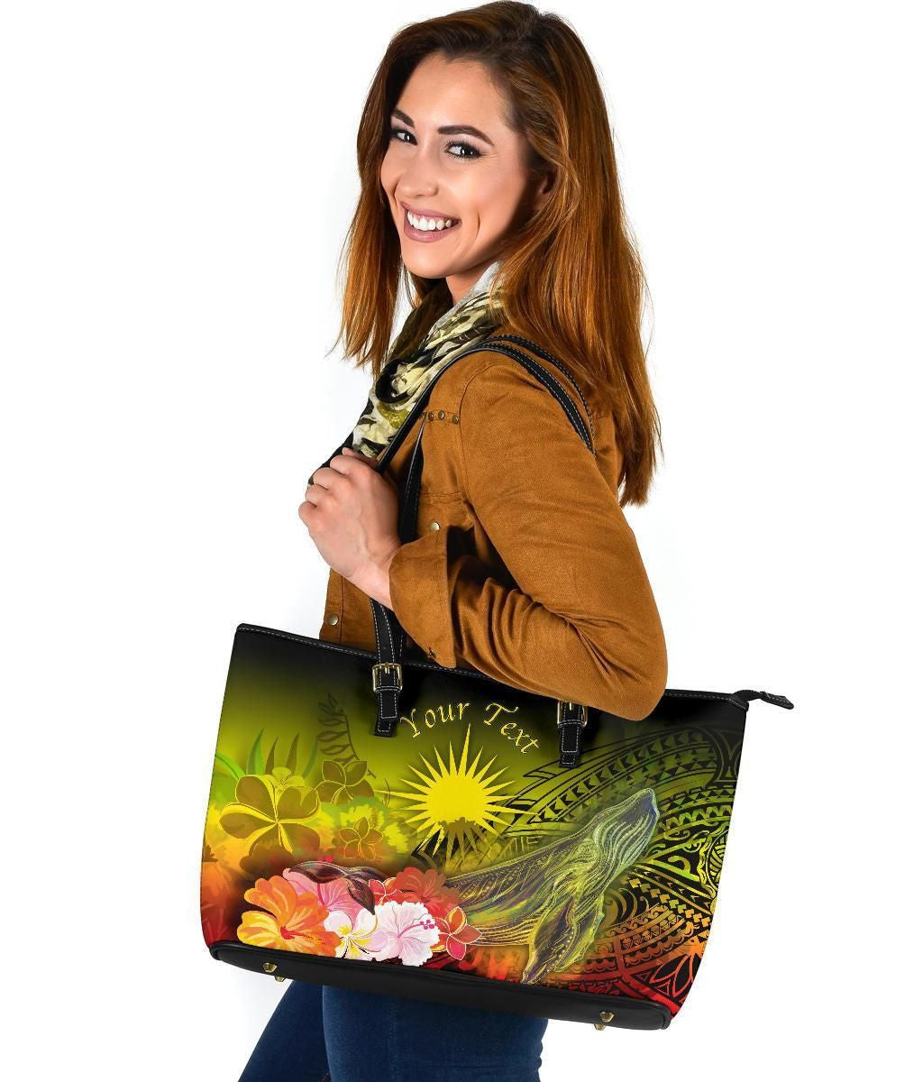 Marshall Islands Custom Personalised Leather Tote Bag Humpback Whale With Tropical Flowers Yellow