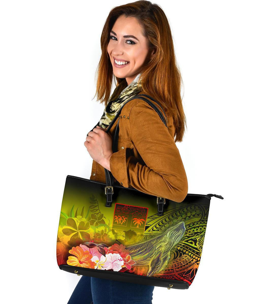 Fiji Leather Tote Bag Humpback Whale With Tropical Flowers Yellow