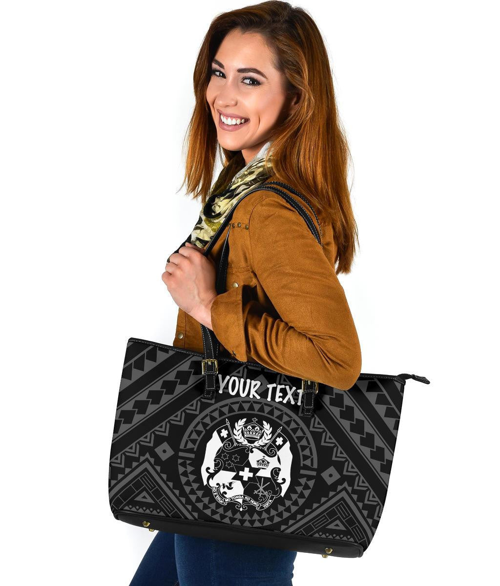 Tonga Personalised Leather Tote Bag Tonga Seal With Polynesian Tattoo Style Black