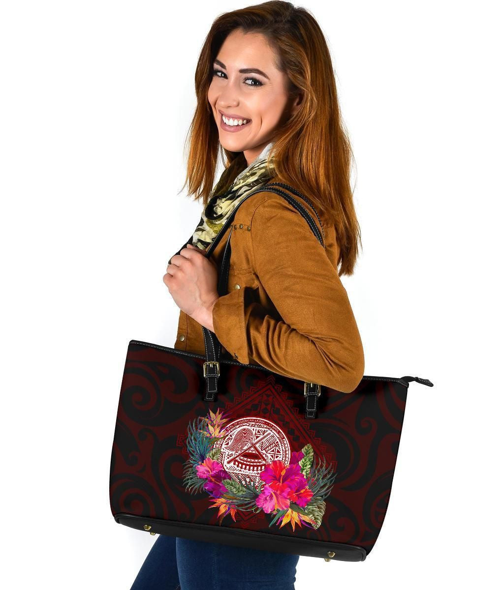 American Samoa Leather Tote Bag Coat Of Arm With Polynesian Patterns