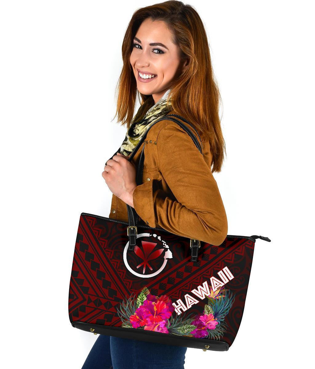 Hawaii Leather Tote Bag Kanaka Maoli With Hibiscus On Polynesian Patterns Red