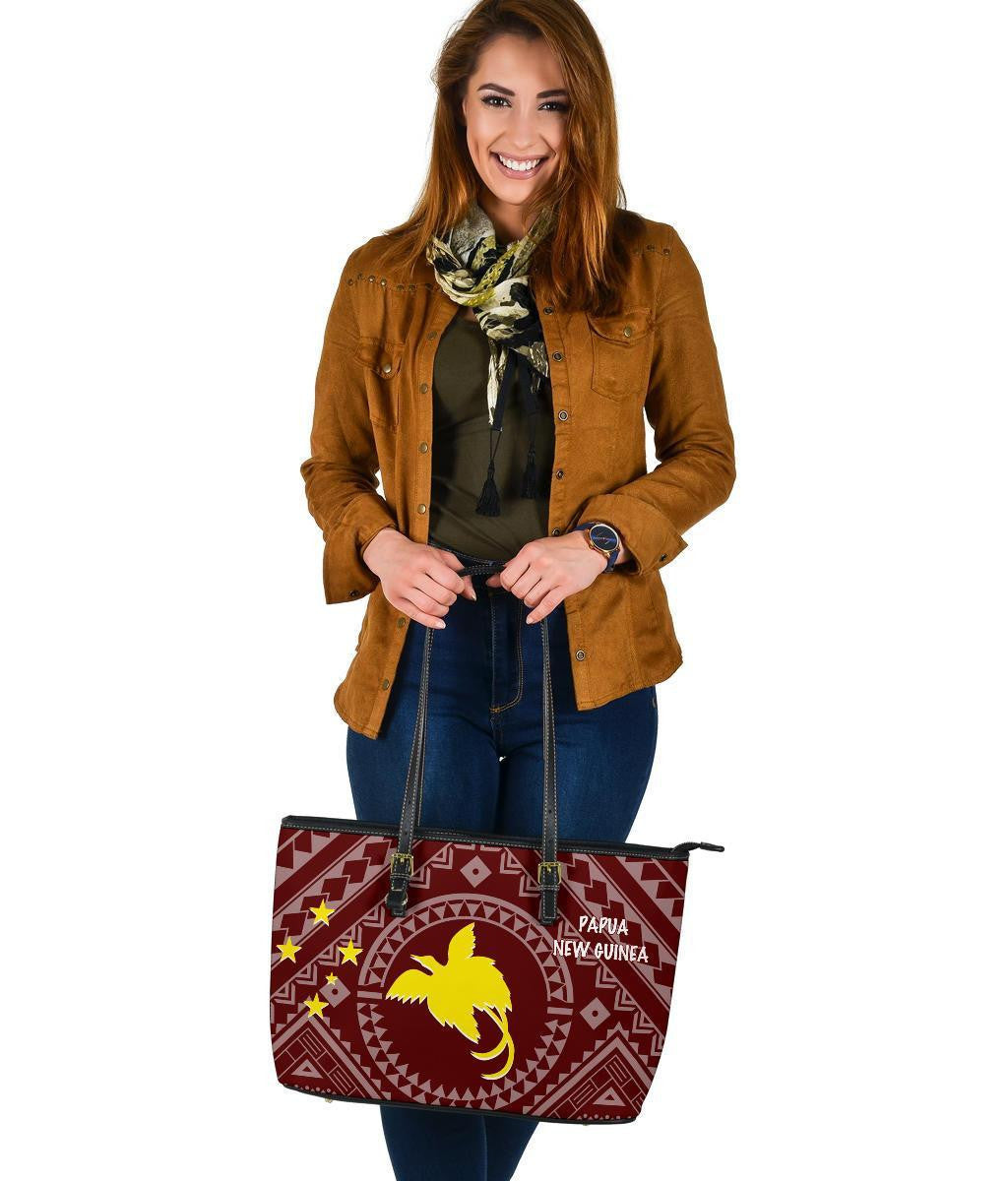 Papua New Guinea Leather Tote Bags Flag With Polynesian Patterns Red