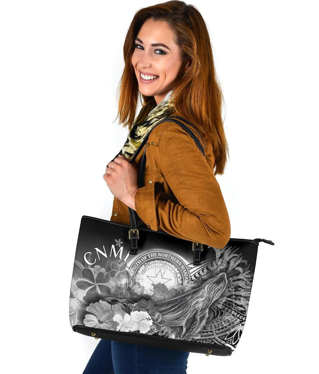 Cnmi Leather Tote Bag Humpback Whale With Tropical Flowers White