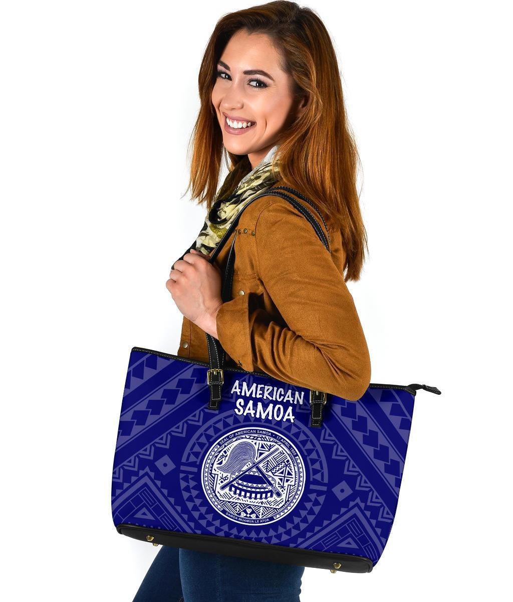American Samoa Leather Tote Bag Seal In Polynesian Tattoo Style Blue