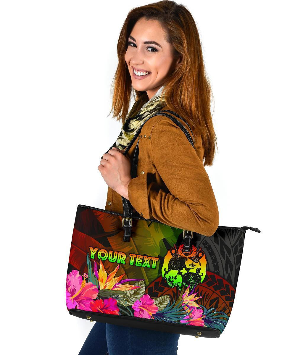 Tonga Polynesian Personalised Leather Tote Bag Hibiscus And Banana Leaves