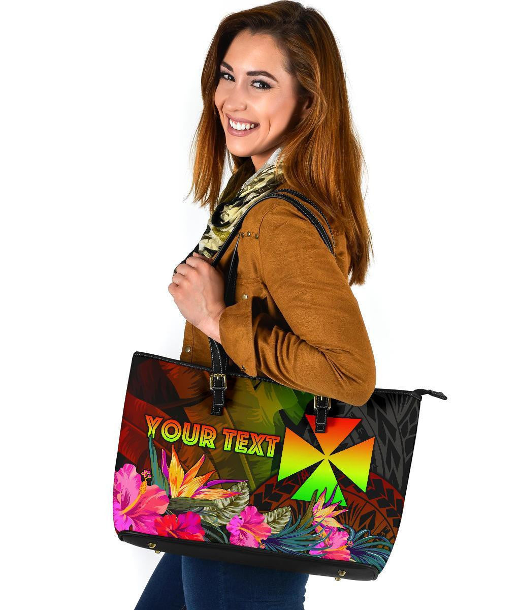Wallis And Futuna Polynesian Personalised Leather Tote Bag Hibiscus And Banana Leaves