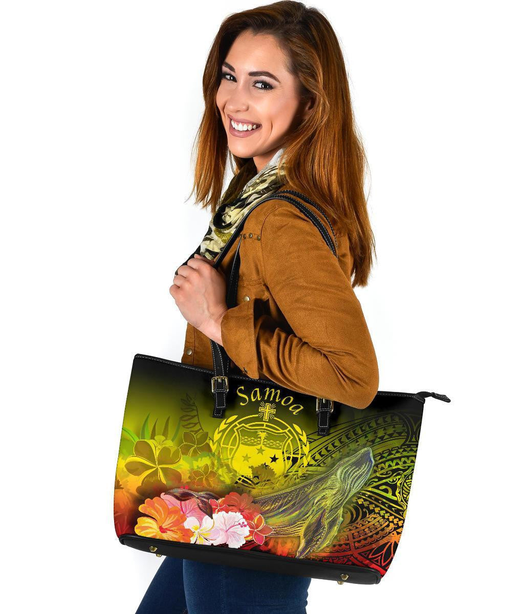 Samoa Leather Tote Bag Humpback Whale With Tropical Flowers Yellow