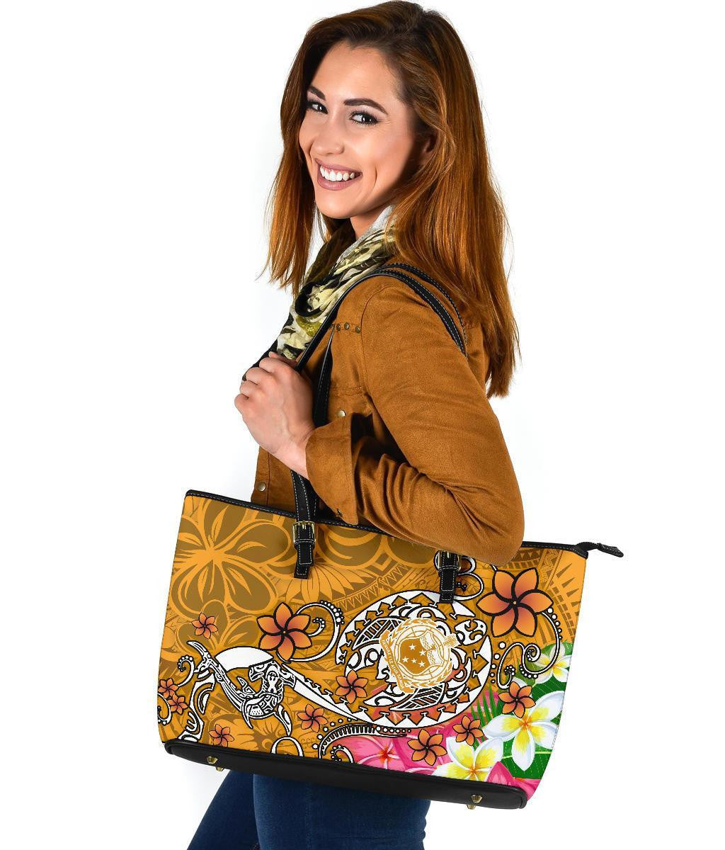 Samoa Leather Tote Bag Turtle Plumeria Gold