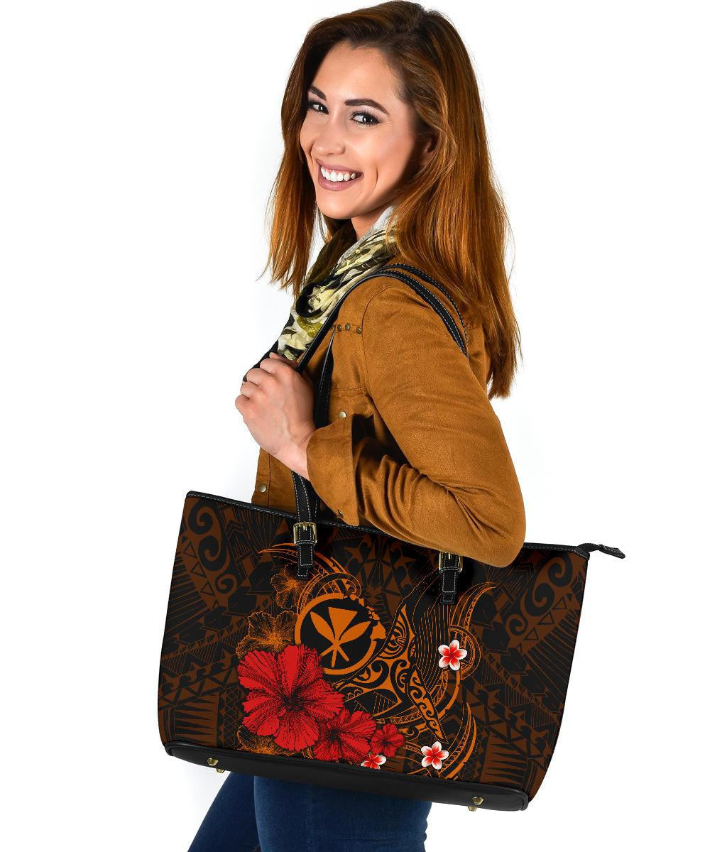 Polynesian Hawaii Kanaka Maoli Leather Tote Bag Humpback Whale With Hibiscus Golden