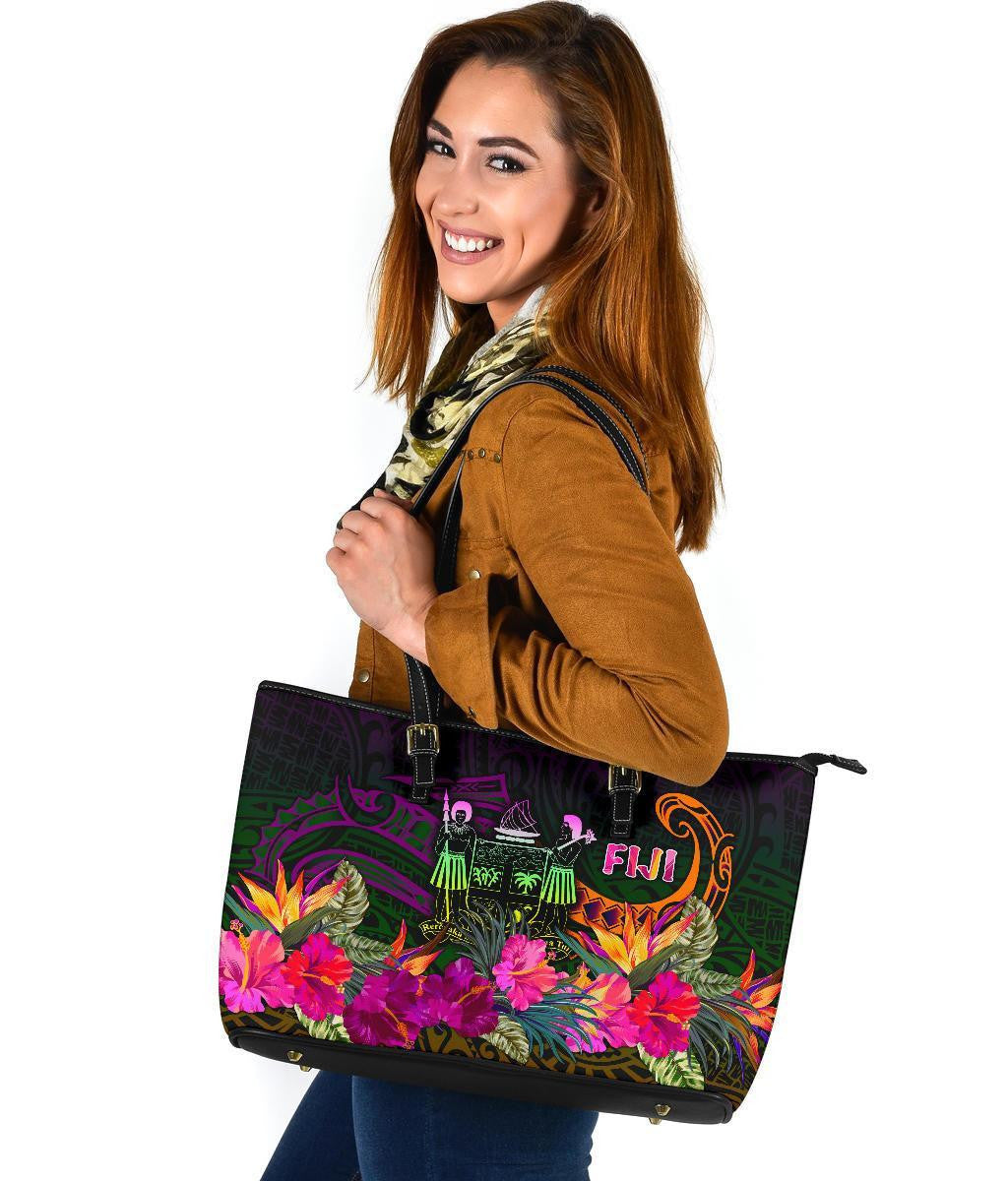 Fiji Leather Tote Bag Summer Hibiscus