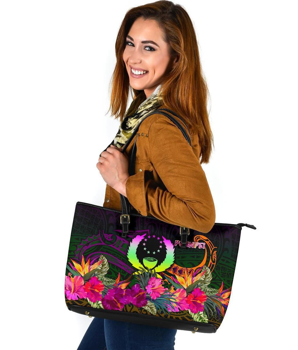 Pohnpei Leather Tote Bag Summer Hibiscus