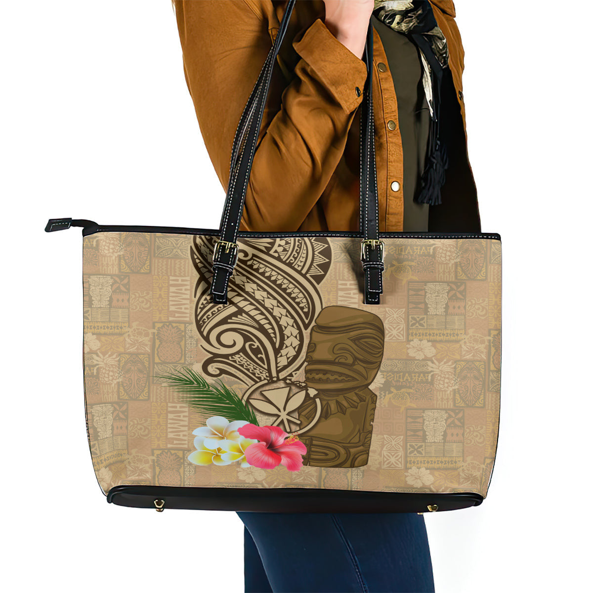 Hawaii Kanaloa Tiki Leather Tote Bag Polynesian Tattoo And Tapa Pattern