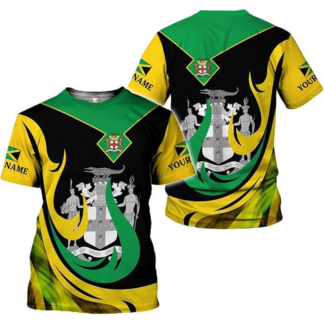 T Shirt Custom Jamaica Symbol Coat Of Arms, Jamaica Flag, Style Curve Pattern T Shirt