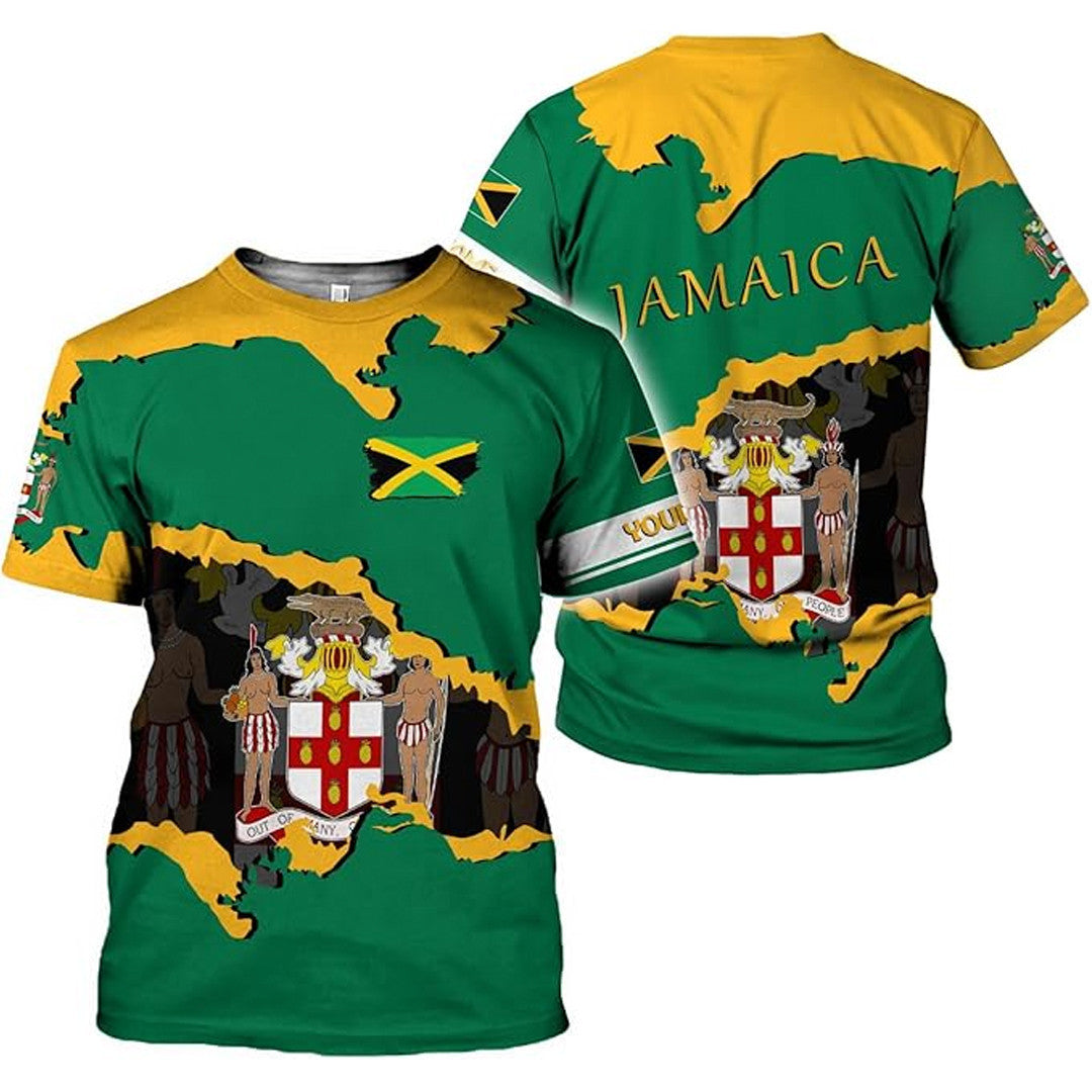T Shirt Custom Jamaica Symbol Coat Of Arms, Jamaica Flag, Style Tearing Effect T Shirt
