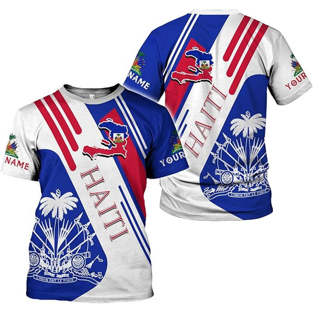 T Shirt Custom Haiti Symbol Coat Of Arms, Haiti Flag And Map, Style Three Short Stripes T Shirt