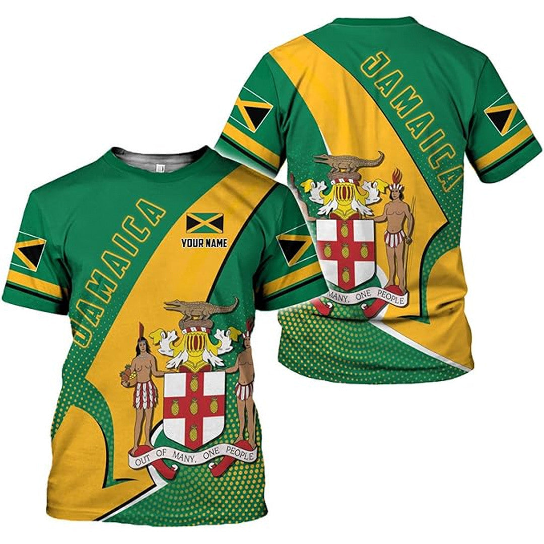 T Shirt Custom Jamaica Symbol Coat Of Arms, Jamaica Flag, Style Diagonal Ribbon T Shirt