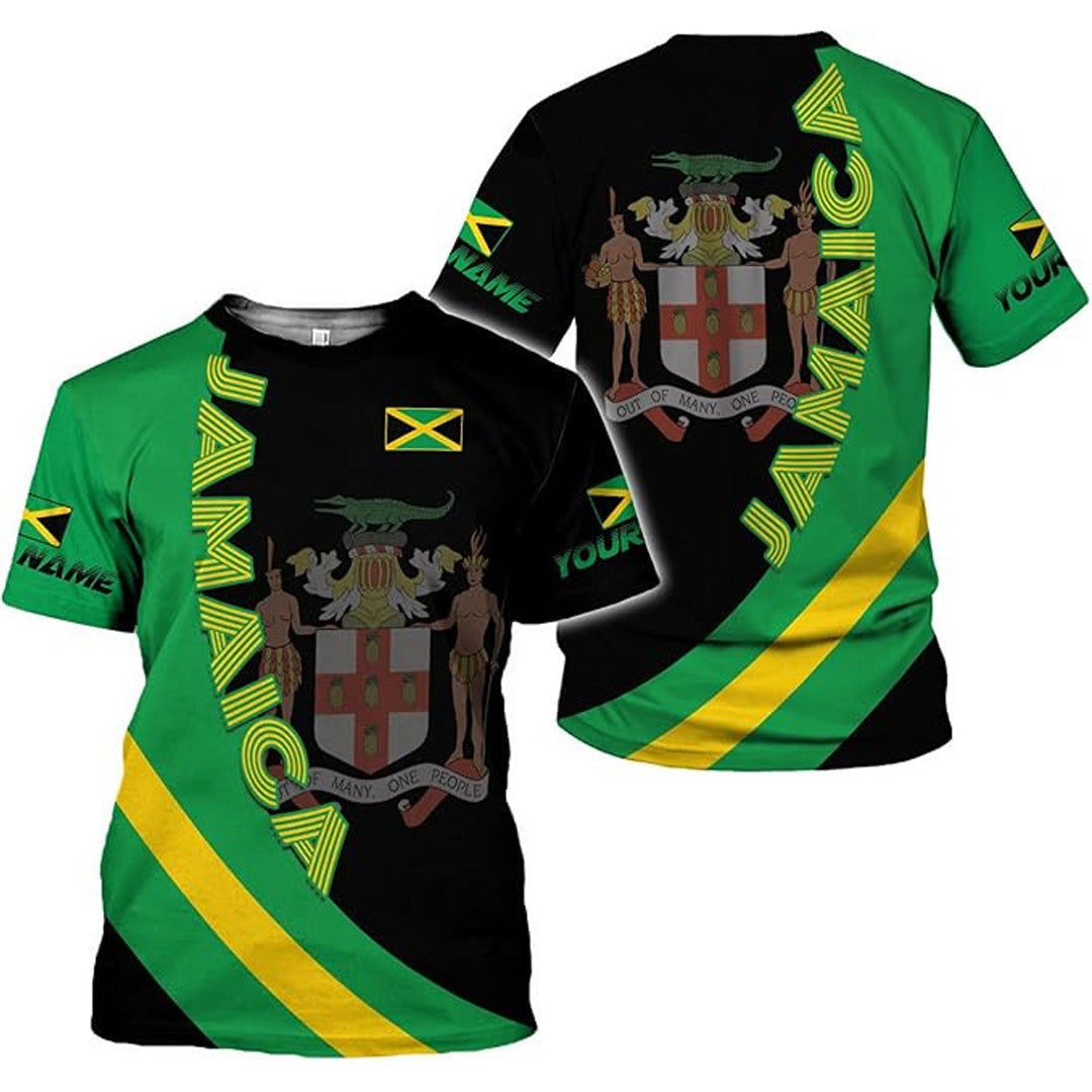 T Shirt Custom Jamaica Symbol Coat Of Arms, Jamaica Flag, Style Lines And Arc Letters T Shirt