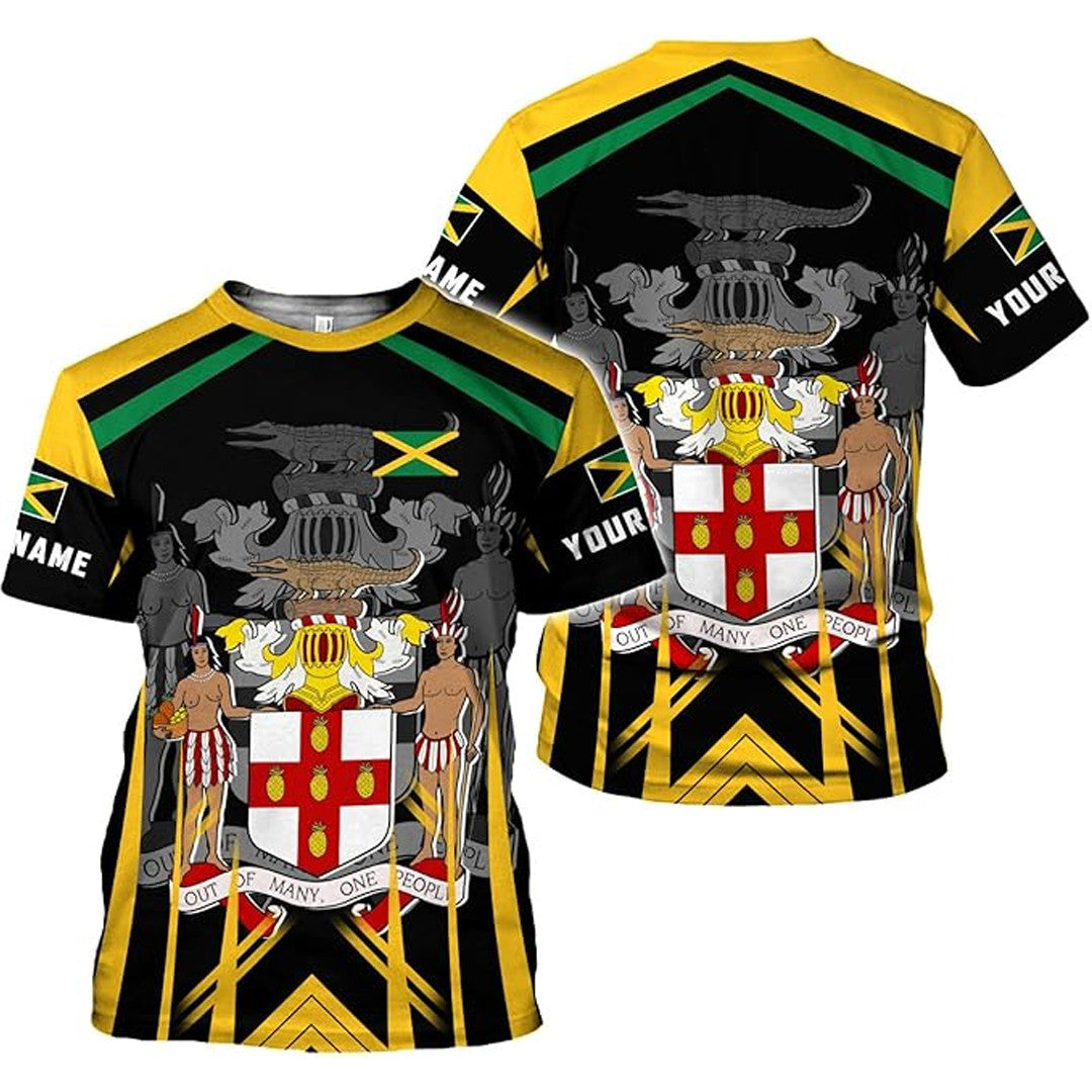 T Shirt Custom Jamaica Symbol Coat Of Arms, Jamaica Flag, Style Sharp Straight Stripes T Shirt