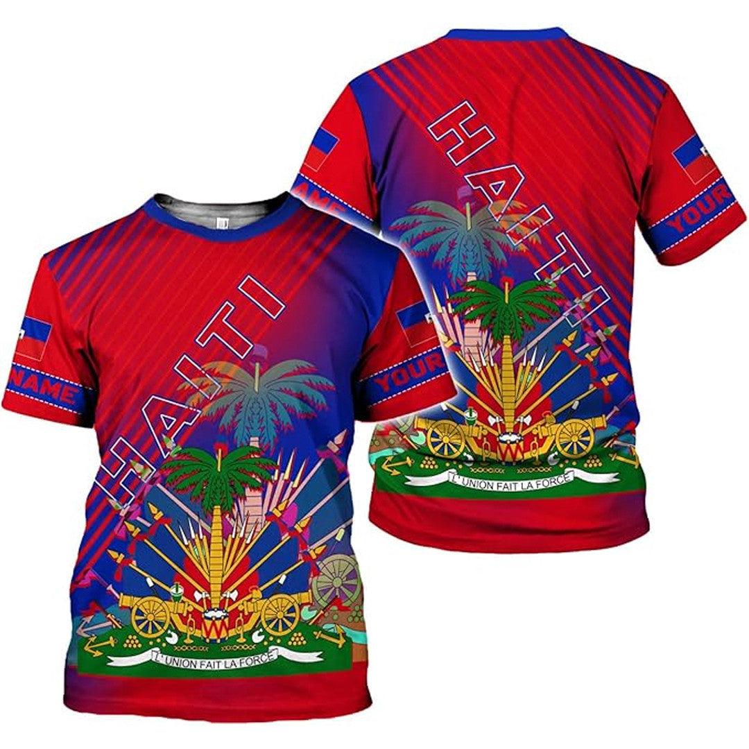 T Shirt Custom Haiti Symbol Coat Of Arms, Style Many Diagonal Stripes T Shirt