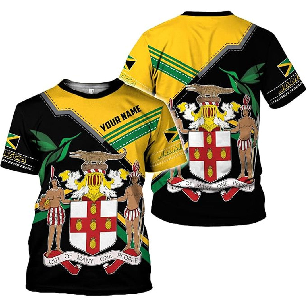 T Shirt Custom Jamaica Symbol Coat Of Arms, Jamaica Flag, Style Stylized Stripes T Shirt